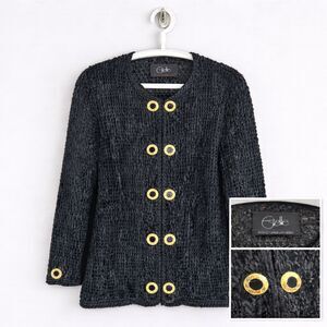 Vintage Estelle L Textured Jacket Black Gold Button Cardigan Blazer 80s Luxe‎